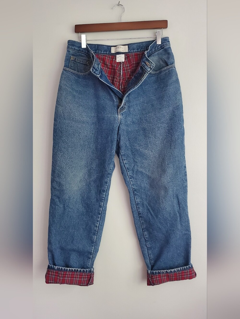 L.L. Bean Vintage Red Plaid Relaxed Fit Cotton Lined Jeans Size 14